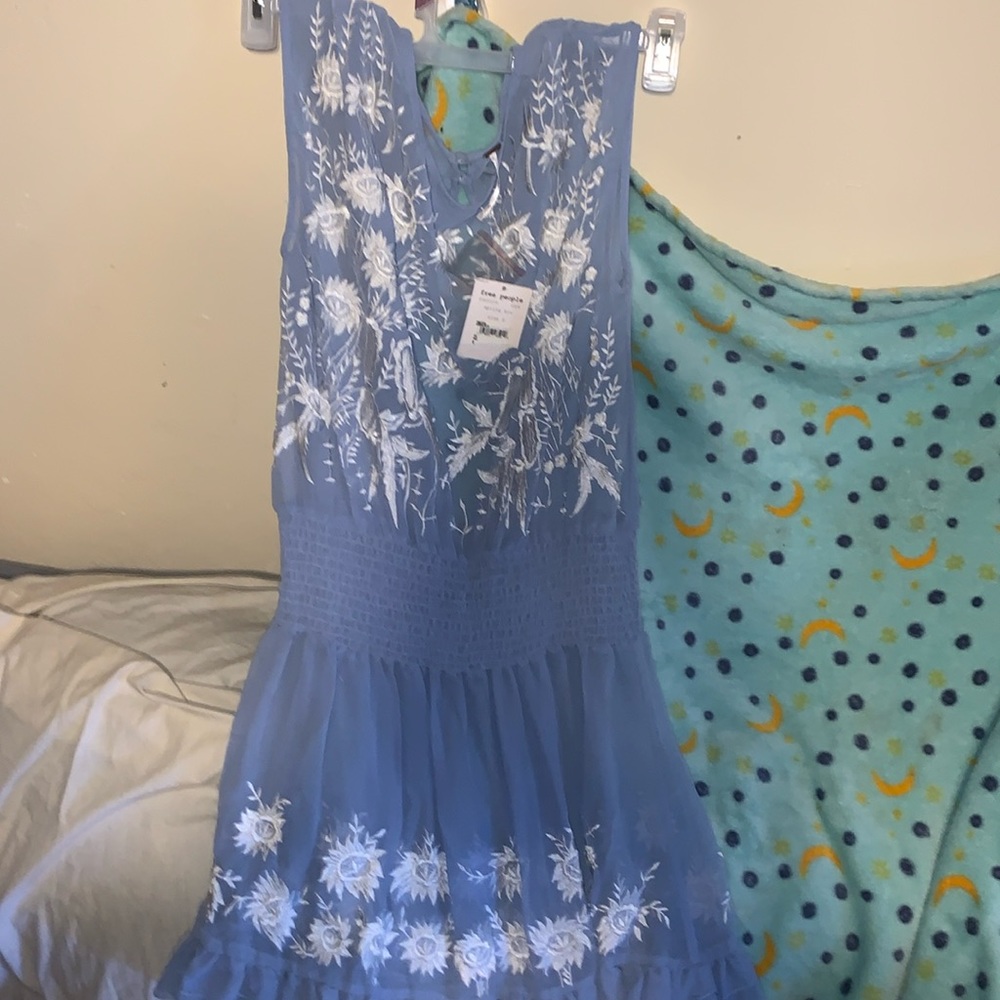 Free People NWT Sheer Blue embroidered daisy dress see thru